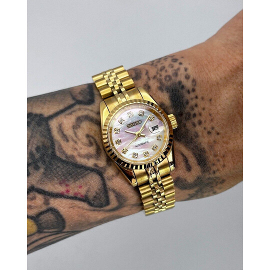 Custom Seiko Mod • White Pearl MOP Gold Diamond Datejust • 26mm